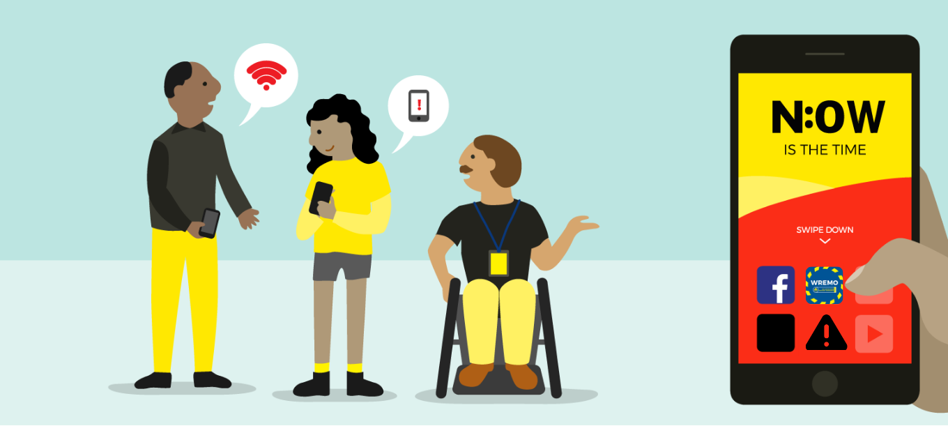 Three people talking to each other after a disaster. One person has a speech bubble with a wifi icon, another has a speech bubble with a no cellphone service icon, one person is using a wheelchair. There is a picture of a cellphone screen showing social m