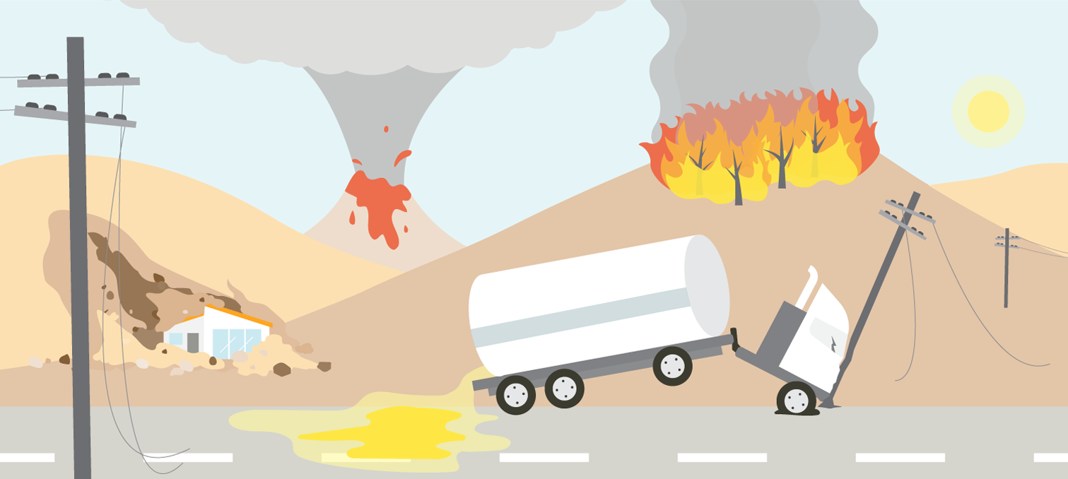 A tanker truck has crashed and spilled a yellow substance on the road. There is a wildfire on a hill next to it. A volcano is erupting with lava and ash in the background. 